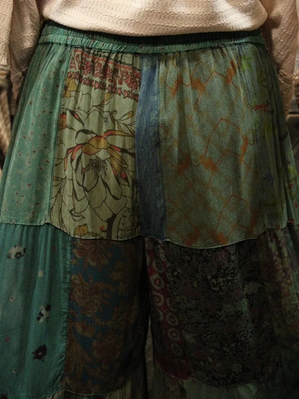 NWT Young Threads Bohemian Patchwork Maxi Pants Floral Green and Black - Picture 5 of 5